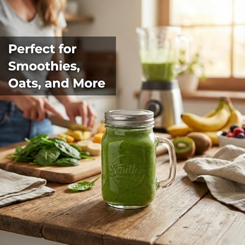 Smiths Mason Jars 6 Pack Pint16oz (473ml) Glass Old Fashioned Mugs with Handles and Screw Top | Drinking Glasses Ideal for Making Overnight Oats and Smoothies - Image 5