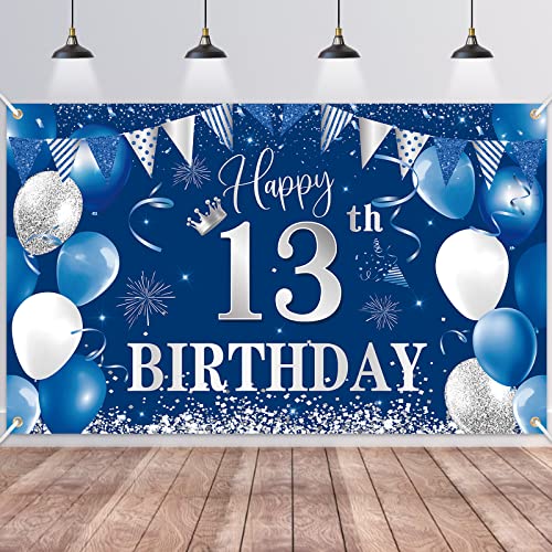 13th Birthday Backdrop Banner,BTZO Happy 13th Birthday Decorations,Blue Silver Fabric Photo Backdrop Background for Boys and Girls 13th Birthday Party,180110cm
