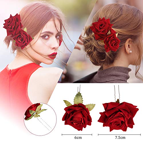 PMELCXD 4 Pieces Rose Hair Clip Flower Hairpin Brooch Floral Clips Women Hair Accessories, Red,Rose - Image 4