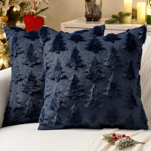 Image of MIULEE Christmas Throw Pillow Covers Navy Blue Christmas Decorations Set of 2 Xmas Tree 18x18 Pillow Covers Soft Plush Faux Wool Pillowcases Holiday Festivals Winter Home Decor Sofa Couch Bed Porch