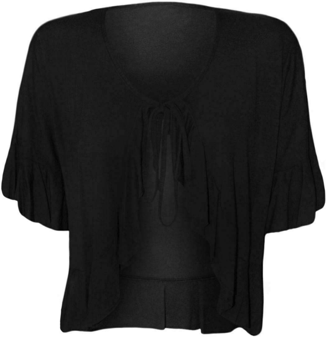 Fairy Trendz Ltd Women's Black Plain Frill Tie Up Ruffle Shrug Tops Bolero Stretch Short Sleeve Top Plus Size ( Uk 22-24)