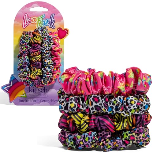Image of Lisa Frank x Kitsch Ruched Satin Scrunchies for Women - Softer Than Silk Scrunchies | Hair Ties No Damage for Frizz-Free Sleep - Rainbow Leopard 4 pcs