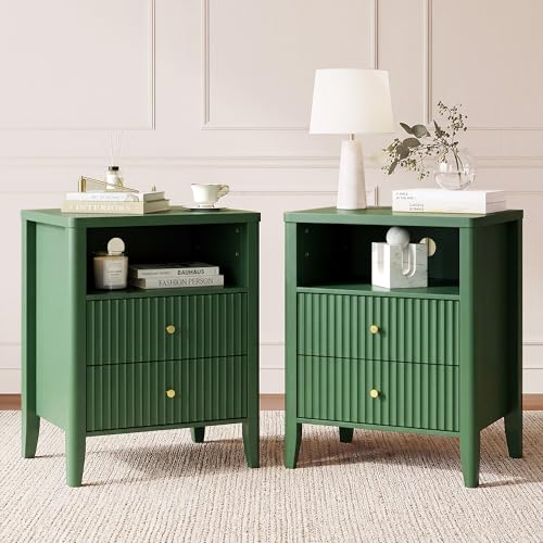 Image of Fluted Nightstand with Charging Station Set of 2, 21 inch Wide Modern Bedside Table with 2 Drawers & Open Shelf, Wood End Table with Storage & Metal Handle for Bedroom, Small Spaces, Green