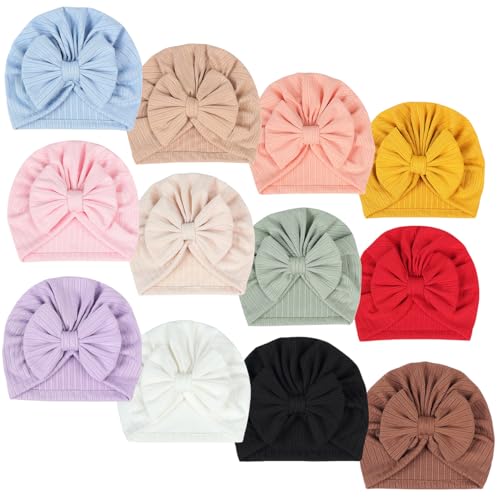 Image of QandSweet 12 Pack Baby Girls' Hats Linen Cotton Cap Infant Big Bow Hat Newborn Shower 0-24 Months