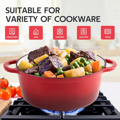 Image of 3 Quart Dutch Oven Enameled Cast Iron with Lid - Big Dual Handles - Oven Safe up to 500F - Classic Round Pot for Versatile Cooking Red