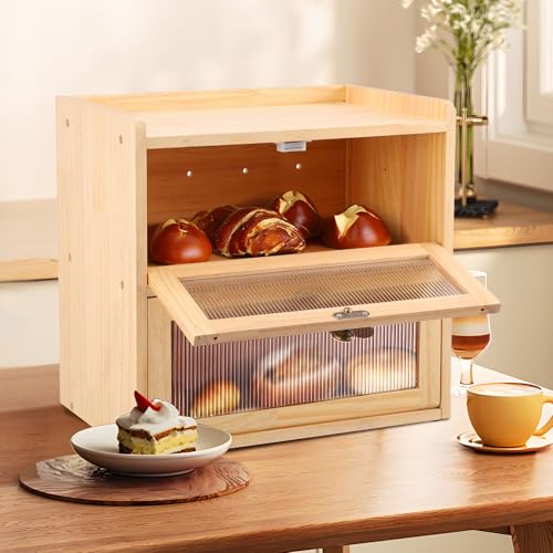 Panera de madera, 2 niveles, con ventana transparente magnética, caja de pan, gran contenedor de almacenamiento de pan, panera para almacenamiento de alimentos (C)
