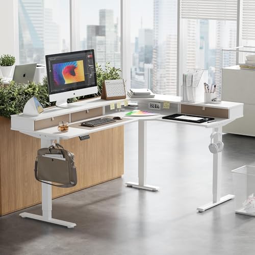Image of CubiCubi 63x48 Inches L Shaped Standing Desk with 3 Drawers and Monitor Shelf, Height Adjustable Corner Computer Desk with Hooks, Sit Stand Up Ergonomic Home Office Workstation Table, Warm White