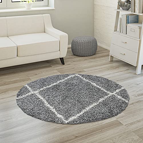 Paco Home Hochflor Teppich Wohnzimmer Shaggy Langflor Skandinavisch Rautenmuster Modern, Grösse:120 cm Rund, Farbe:Grau