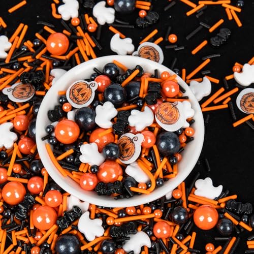 Image of Edible Pumpkin Sprinkles,130g,Cake Decorations,Orange Pearls Mix White Ghost,Black Bat Monster,Pearls and Jimmies Mixed,Spooky Sprinkles Perfect for Cake Decorations,Creepy-Cute Toppings,Baking,Ice Cream, Cookies, Cupcake Topper,Kids Birthday Party Supplies