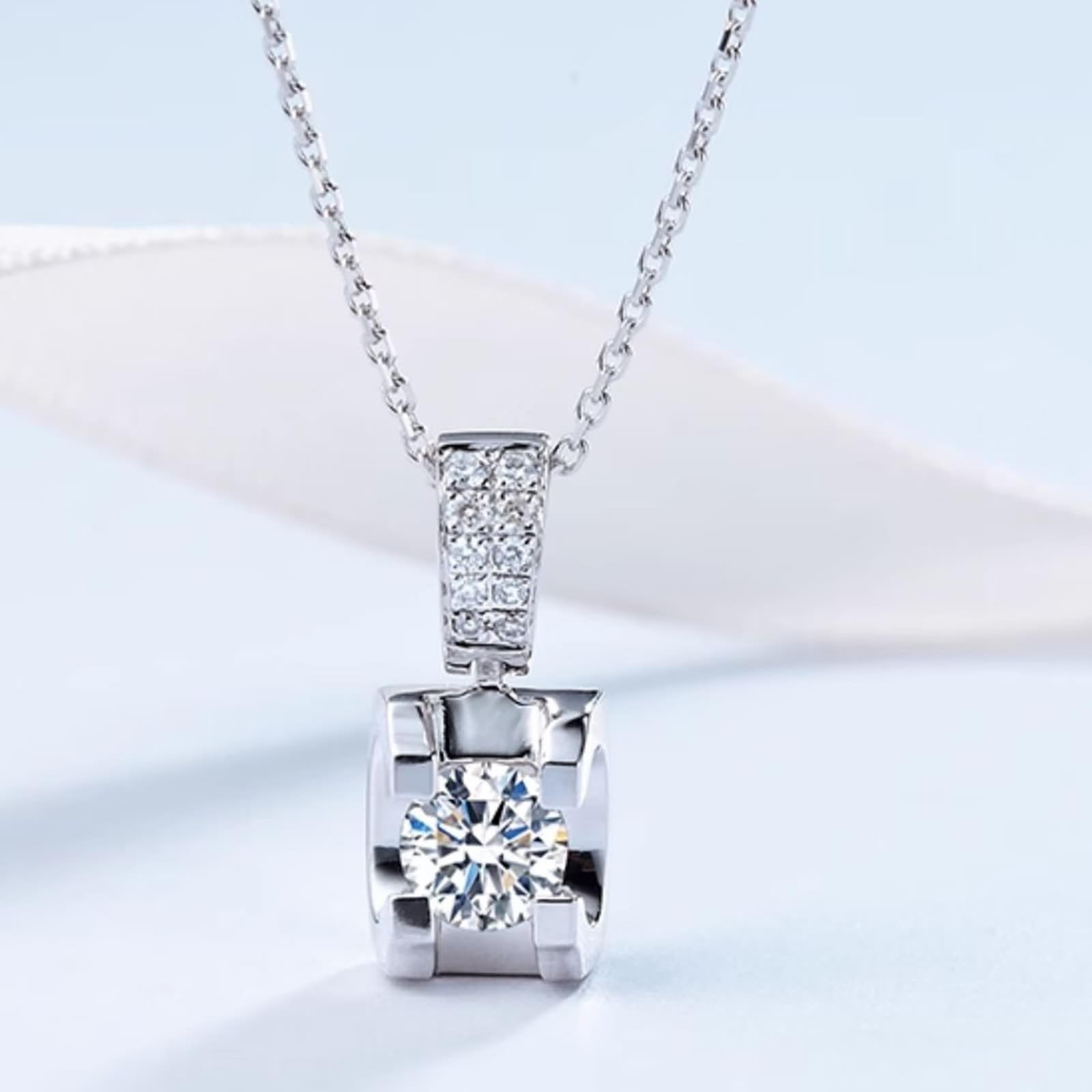 KnSam Joyas de oro real de 9 K/14 K/18 K, collar de mujer de oro blanco, cadena de diamante creada en laboratorio, colgante clásico de corte redondo, blanco, cadena para mujer Au 750/585/375