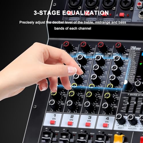 Image of BOMGE 4-Channel Audio Interface Mixer with 256 DSP, Bluetooth 48V Phantom Power, 2x350W Amplifier (4 Ohm) for Studio Recording, DJ Mixing, Karaoke, Concert Party & Streaming