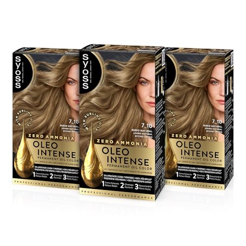 Syoss Oleo Intense - Tinte 7-10 Rubio Natural – Coloración permanente Sin Amoníaco – Cobertura profesional de canas – Resultados de peluquería (Pack De 3)
