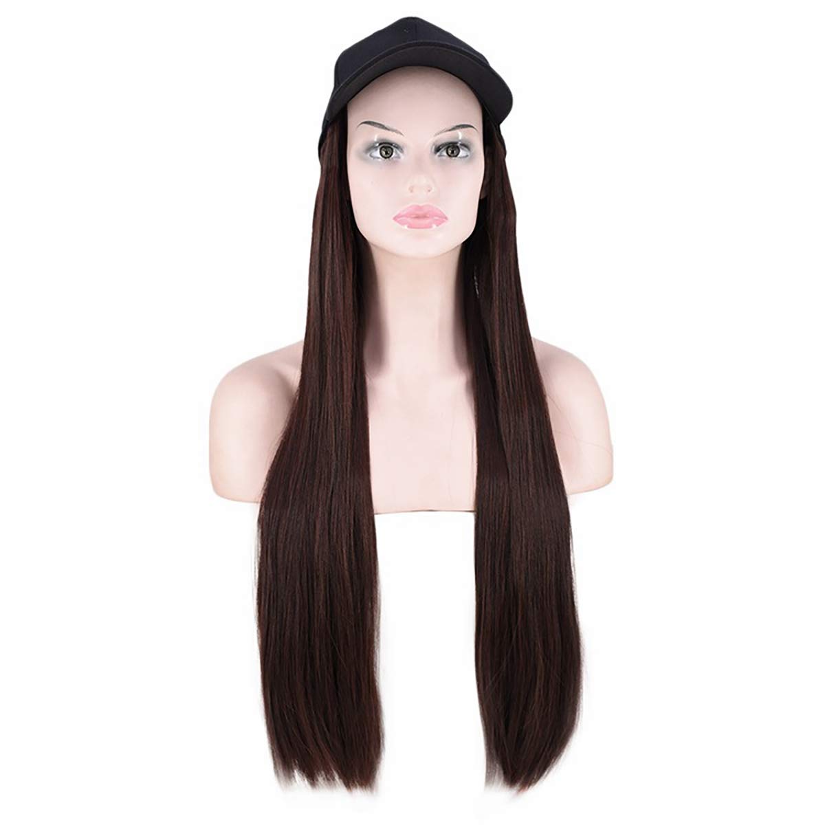 WUJIE23.5" Cap with Hair Extension Long Straight Synthetic Wig wih Baseball Hat Hair Attached Hair Piece for Women Daily Use, Dark Brown