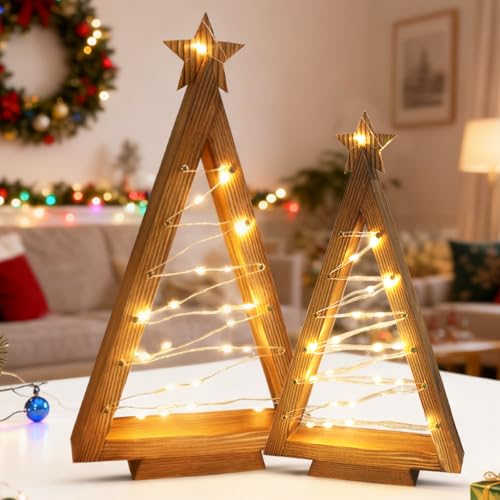 Weihnachtsdeko LED Weihnachtsbaum Holz mit Stern, 2 Stück...
