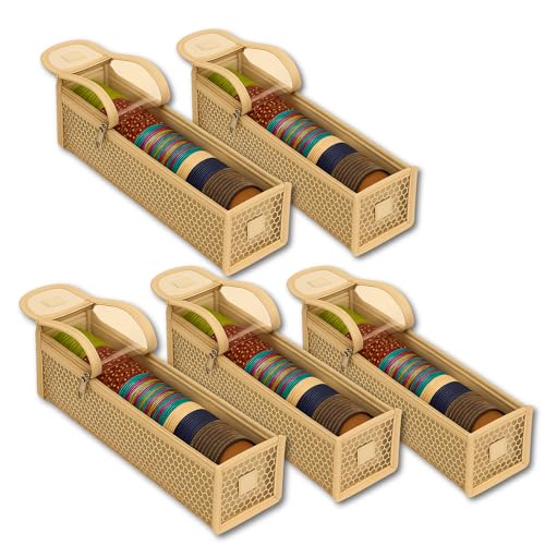 Image of Transparent PVC Single Rod Bangle Pouch for Women | Jewellery, Chudi, Bracelet & Bridal Bangle Organizer | Storage Box with Clear Window | Set of 5, Beige