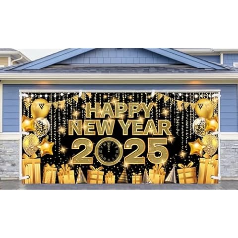 6 x 13 ft Happy New Year Garage Door Banner, 2025 Happy New Year Backdrop Decorations Banner Cover Outdoor Indoor Home Nativity Wall Background,25 Black-SH05 Cover