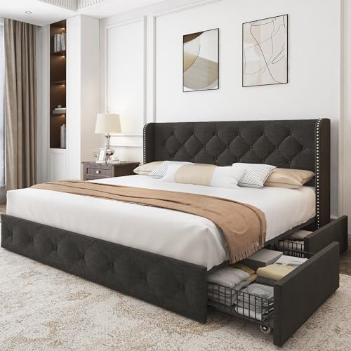 Queen Size Bed Frame with 4 Storage Drawers and Wingback Headboard, Linen Upholstered Platform Bed Tufted Bed Frame with Solid Wood Slats Support, No Box Spring Needed, Dark Grey