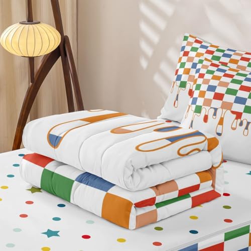 Image of Multi Checkered Complete Zip Up Bedding Set Full,4 Piece Checkerboard Drip Comforter Kit with Fitted Sheet & Pillowcases,Y2K Aesthetic Geometric All Season Bed in a Bag for Boys Girls Bedroom