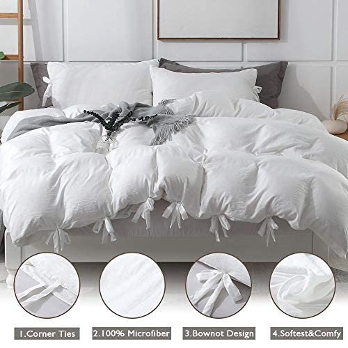 Annadaif White Duvet Cover Queen Size，3 Pieces Soft Washed Microfiber Duvet Cover Set,Comforter Cover With Bowknot Bow Tie （1 Duvet Cover 90X90 Inch, 2 Pillowcases） Easy Care Bedding Set #TOP1