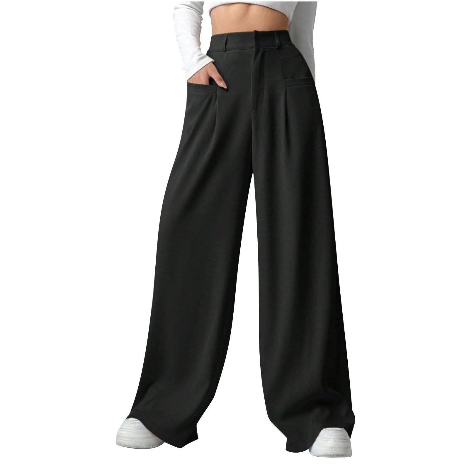 Womens Wide Leg Pants High Waisted Twill Knit Slacks Straight Leg Work Business Casual Palazzo Trousers with Pockets