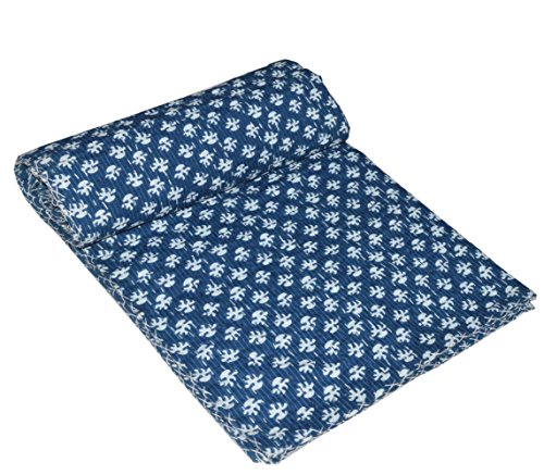 YUVANCRAFTS Indian Cotton Kantha Quilt Indigo Screen Print Twin Size Quilt Blanket Bedspreads Throw