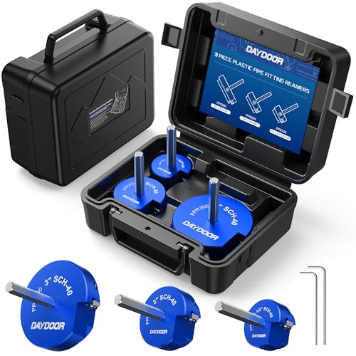 Image of DAYDOOR 3-Piece PVC Pipe Reamer Kit, 1-1 /2 inch, 2'', 3 inch | 4-Sided Carbide Blade Hub Saver, Socket Saver Plumbing Tool for Sch.40 PVC, CPVC, ABS, Fit Standard 1 /2 inch Drills
