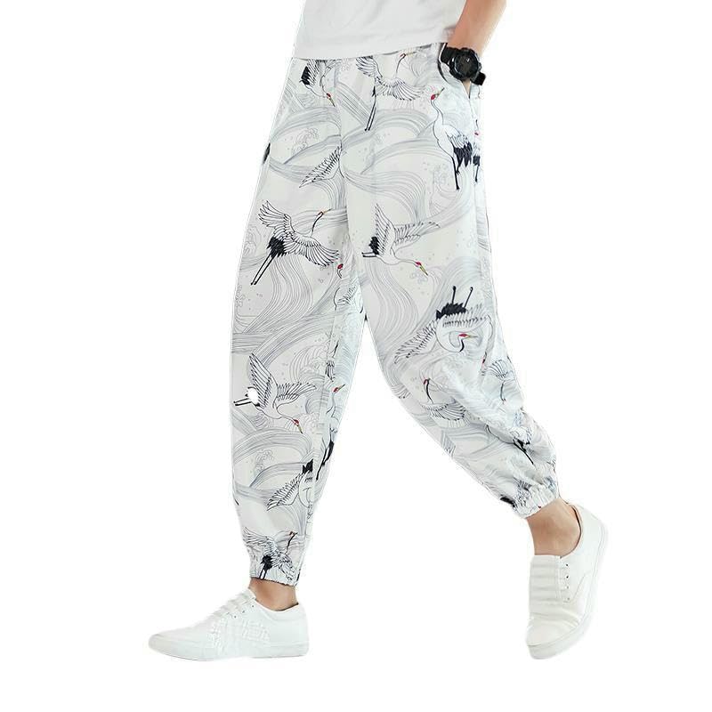 Men's Summer Ice Silk Chinese Style Loose Lantern Cropped Trendy Jogger Sport Long Pants4