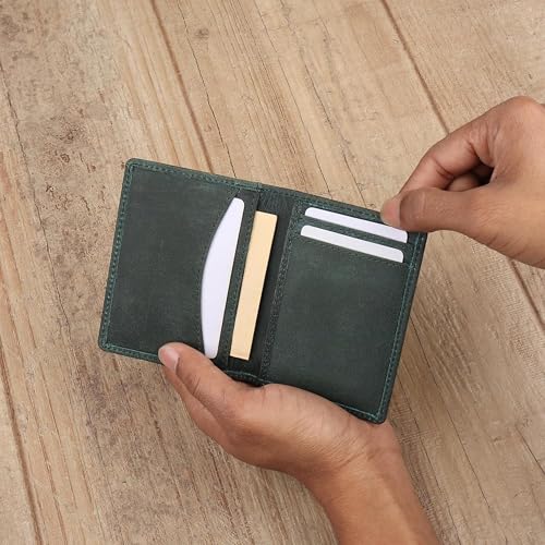 Image of Contacts Genuine Leather Slim Card Wallet for Men | RFID Blocking Minimalist Front Pocket Wallet | Compact Bifold Card Holder with Cash Slot (Seattle Green)