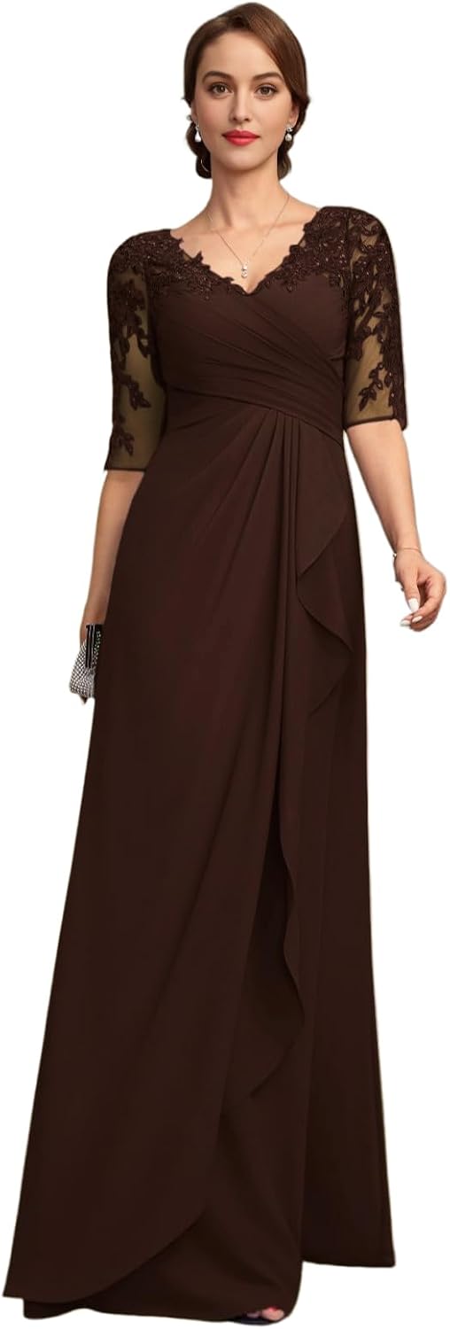 Lace Chiffon Mother of The Bride Dresses for Women Long Beaded V Neck A Line Formal Evening Ball Gown with Sleeves