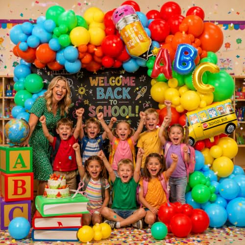 Image of Back to School Balloon Garland Arch Kit 180Pcs with Pencil School Bus ABC Balloons, Rainbow Balloon Arch Kit for First Day of School 2026 Kindergarten Grad Back to School Classroom Party Decor
