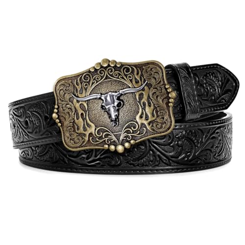 Image of Cowboy Cowgirl Belt Western Belts for Men Women Floral Engraved Longhorn Bull Buckle Belt for Jeans