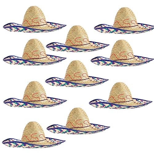 Karnevalsteufel Sombrero-Set Mexikanerhüte in bunten Farben mit blauem Rand (10er Pack)