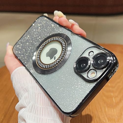 Image of Misscase for iPhone 14 Magnetic Glitter Case Compatible with MagSafe,Full Protection Slim Shockproof Anti-Scratch Case with Camera Lens Protector Logo View Dust-Proof Net for Women Black
