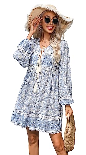 R.Vivimos Womens Long Sleeve Floral Casual Print Cotton Mini Tunic Dress (Small, LightBlue)