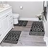 Uphome Bathroom Rugs Sets 3 Piece Boho Geometric Bath Mat with U-Shaped Toilet Rug Non-Slip Moroccan Farmhouse Black Bath Rugs Soft Velvet Machine Washable Bathroom Mats for Sink Tub Shower