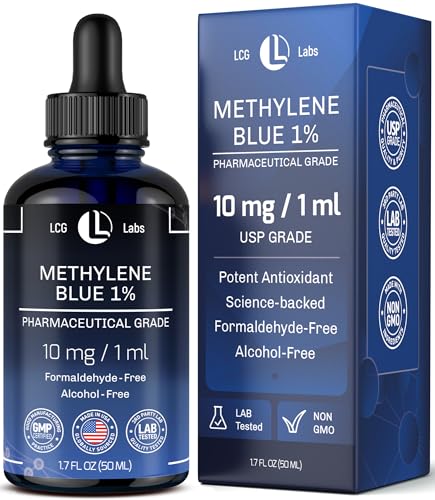 LCG LABS Methylene Blue Drops - Methylene Blue Pharmaceutical Grade 1% - Liquid Drops Aqueous Solution 10 mg / 1 ml - Third Party Tested - Formaldehyde & Alcohol-Free - Made in USA 1.7 Fl OZ