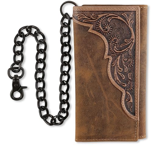 Image of F&L CLASSIC RFID Blocking Mens Tri-fold Long Style Cowhide Leather Steel Chain Wallet,brown western,212-83