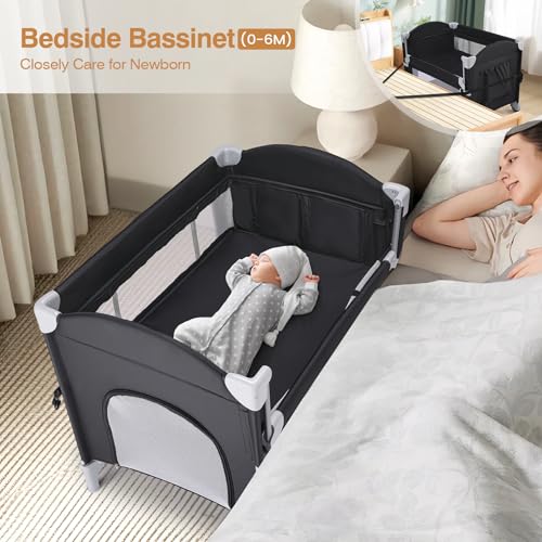 Image of JOYMOR 4 in 1 Pack and Play, Baby Bedside Bassinet, Sturdy Play Yard with Padded Mat and Music Bar with Soft Animals