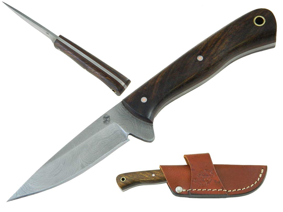 Knives Ranch 7" Fixed Blade EDC Knife with Sheath - Damascus Steel Hunting Knife - Full Tang - Rosewood Handle - Horizontal Carry Leather Sheath Snug Fit (3056-IRW)
