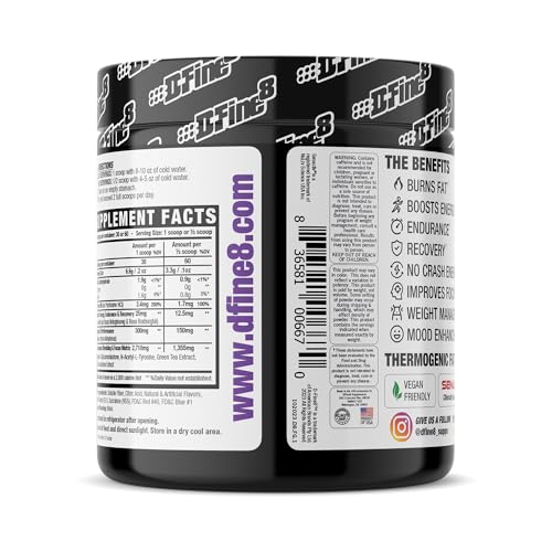 Image of Thermogenic Pre-Workout Energy Powder & Shredding Supplement, Boost Energy Mood & Focus, Sugar Free, Contains Senactiv, Endurance, 300mg Caffeine, N-Acetyl-L-Tyrosine (Fierce Grape)