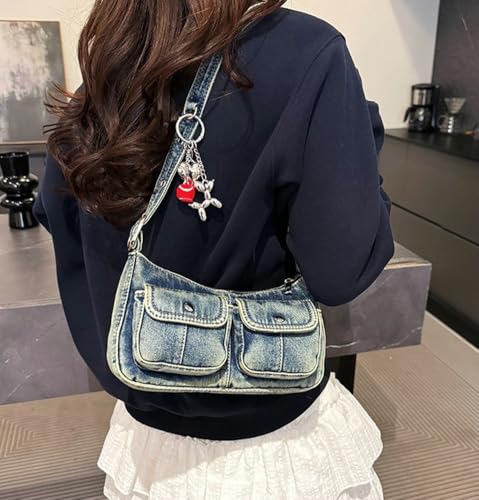 Y2K Denim Purse for Women Vintage Shoulder Bag Small Top Handle Clutch Punk Underarm Handbag with Multiple Pockets 20253