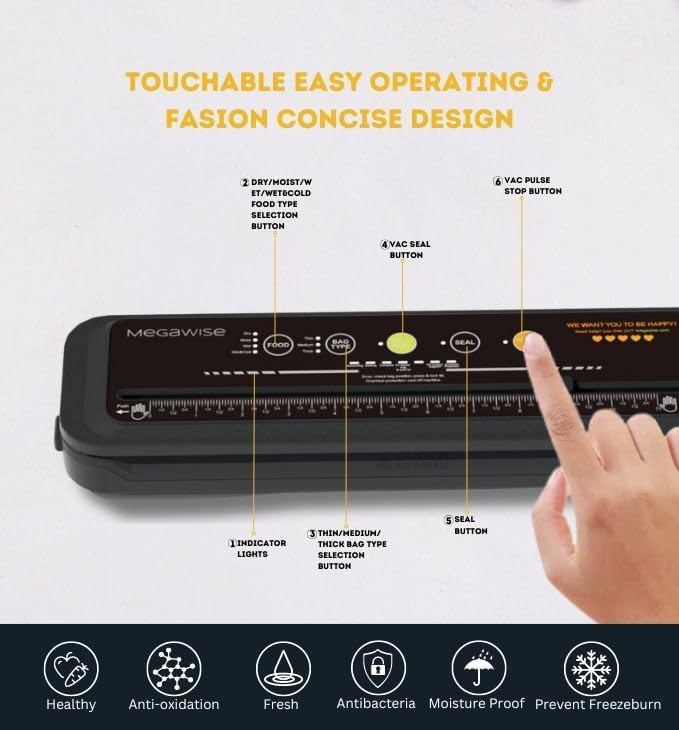 Image of MegaWise Vacuum Sealer Machine | 80kPa Suction Power| Bags and Cutter Included | Compact One-Touch Automatic Food Sealer with External Vacuum System | Dry Moist Fresh Modes for All Saving needs