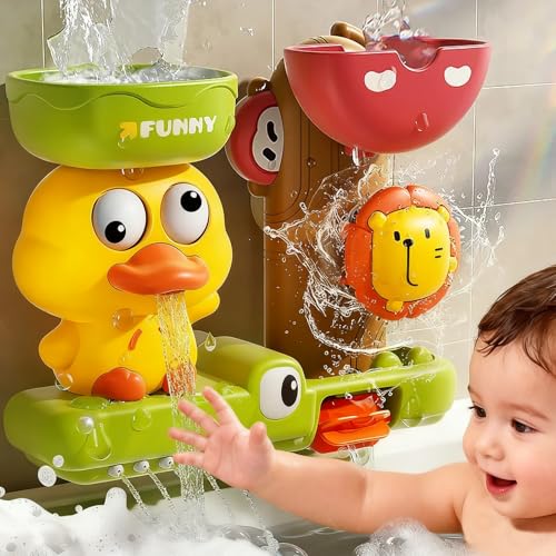 TXTLDB Bath Toys for Toddlers 1-3 with 3 Strong Suction Cups, Interactive Squirting Duck & Spinning Lion Water Toys for Bathtub Fun, Ideal Christmas...