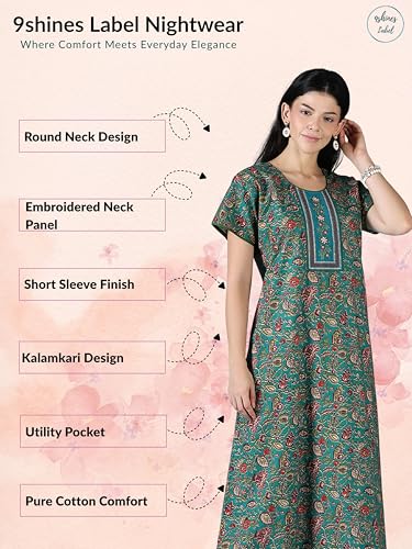 Image of 9shines Label Stylish Pure Cotton Nighty Maxi for Women | Embroidery Neckline Nightgown | A-Line Nightdress with Pocket | Floral Night Gown| Soft Comfortable Cotton Sleepwear (Cotton Yoke)