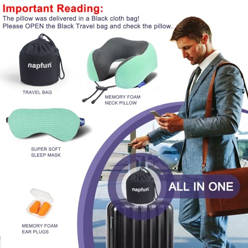 napfun Neck Pillow for Traveling, Upgraded Travel Neck Pillow for Airplane 100% Pure Memory Foam Travel Pillow for Flight Headrest Sleep, Portable Plane Accessories, Striped Turquoise Set