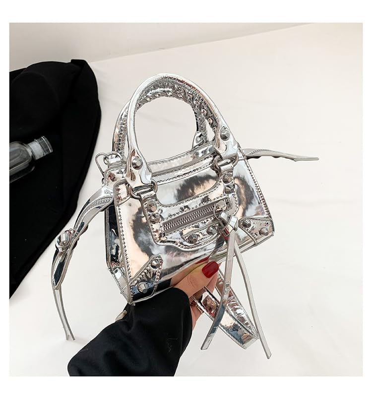 Fashion Crossbody Bag for Women, Shiny Y2K Shoulder Bag Handbags Top Handle Bag Women Ladies Grunge Sling Purse Casual (silver)2