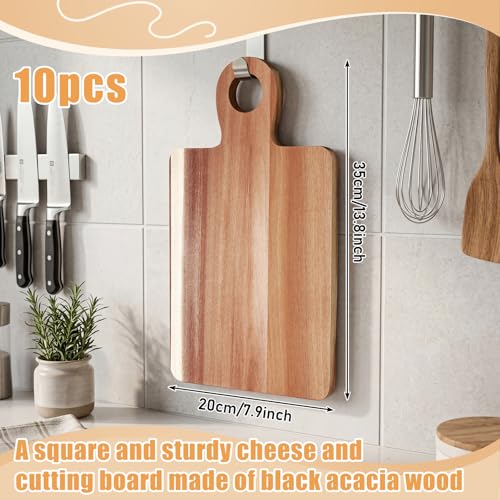 Image of 10 Pcs Acacia Wood Cutting Board with Handle Bulk 13.8 x 7.9'' Square Charcuterie Chopping Board for Pizza Cheese Meat Decorative Natural Wooden Serving Tray for Kitchen and Dining Room