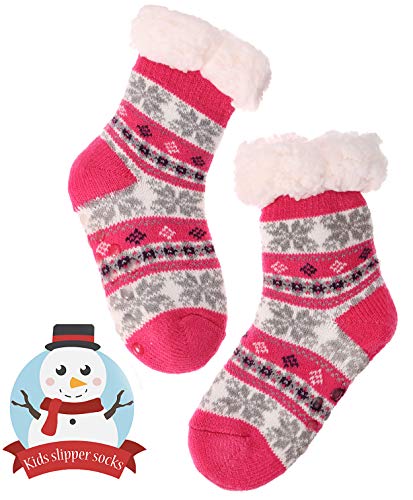 Girls Boys Slipper Socks Child Warm Fuzzy Fluffy Soft Fleece Lined Plush Thick Sherpa Winter Kids Socks(Rose Red,5-9 Y)