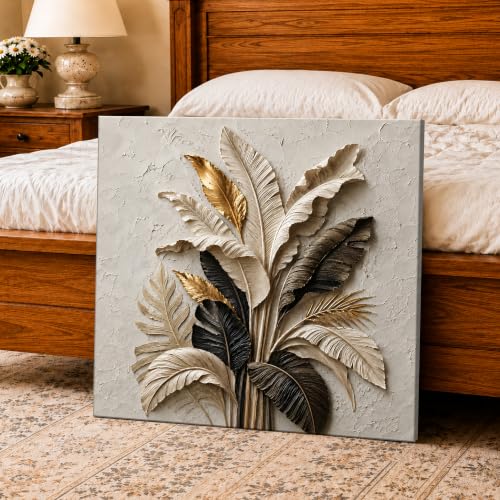 Image of PAINTINGMANTRA Textured Embossed Leaf Floral Canvas Wall Art Painting for wall decoration, Neutral & Gold Tropical Leaf Motifs Flower Stretched Canvas Painting for living room, bedroom, Office, 22x22 Inch
