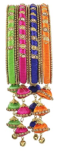 Image of NMII Metal & Silk Thread Jhumka Zircon Latkan Stylish Bangles Set For Women's and Girls | Women's Fancy Latkan Bangles Set | Ethnic Fashion Jewellery- Set of 12 Bangle, (G405 Multi-2.4)